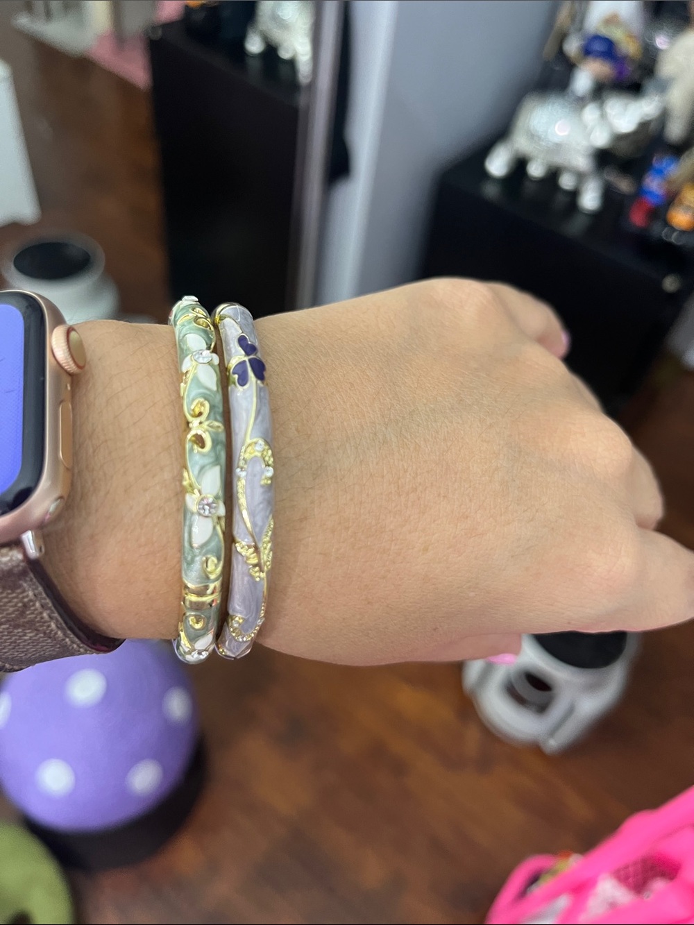 Elegant Gold-Accent Lavender and Mint Enamel Bangle Set